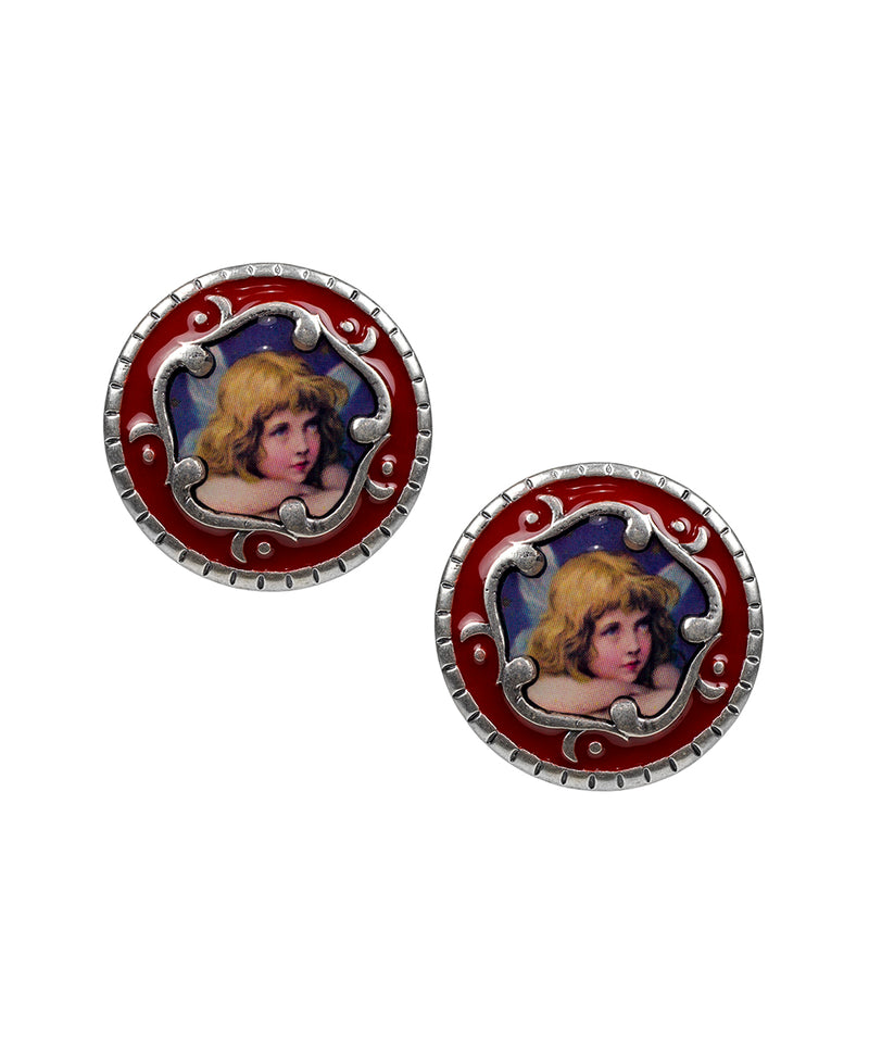 Button Earrings - Enamel Cherub