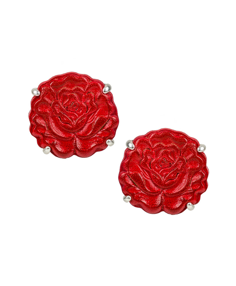 Button Earrings - Tooled Rose Leather