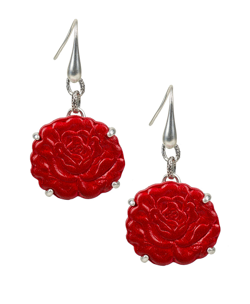 Drop Earrings - Tooled Rose Leather