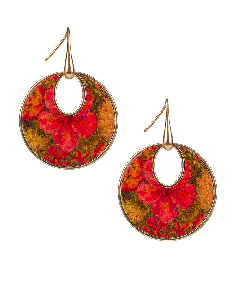 Sari Doorknocker Earrings - Floral Oil Painting Leather Inset