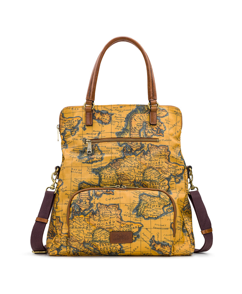 Trapani Convertible Backpack - Patina Coated Linen Canvas European Map