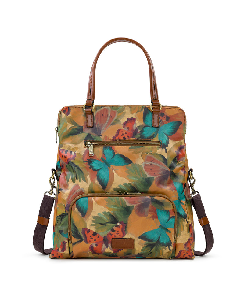 Trapani Convertible Backpack - Patina Coated Linen Canvas Watercolor Butterfly Print
