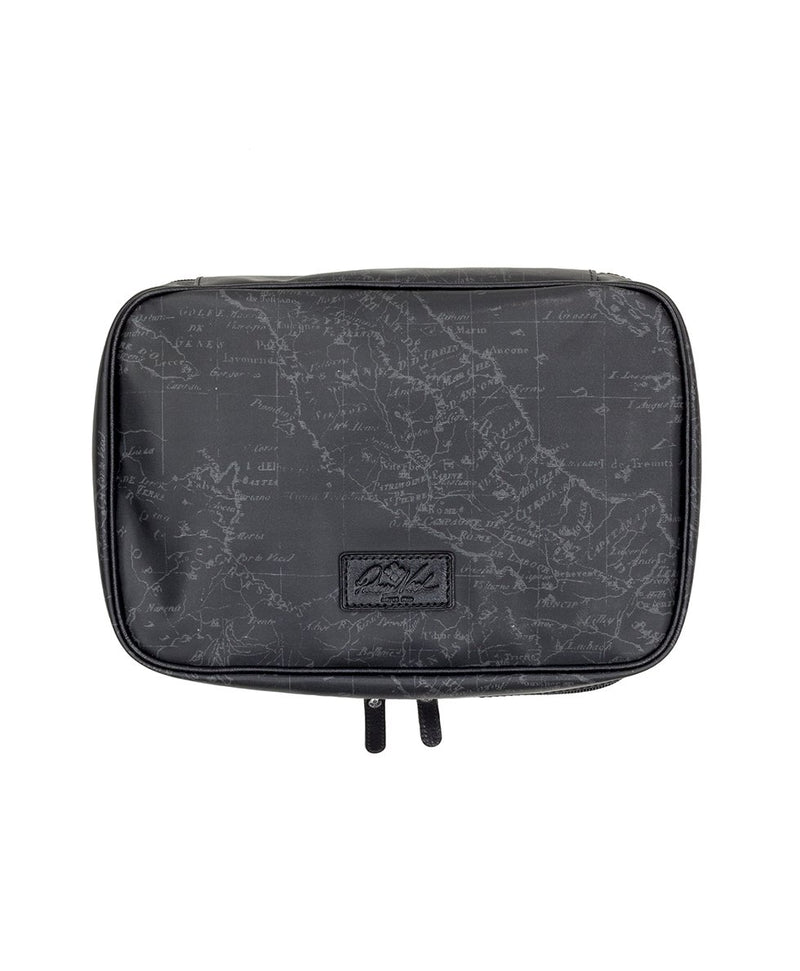 Ilaria Hanging Travel Case - Patina Coated Linen Canvas Black Map