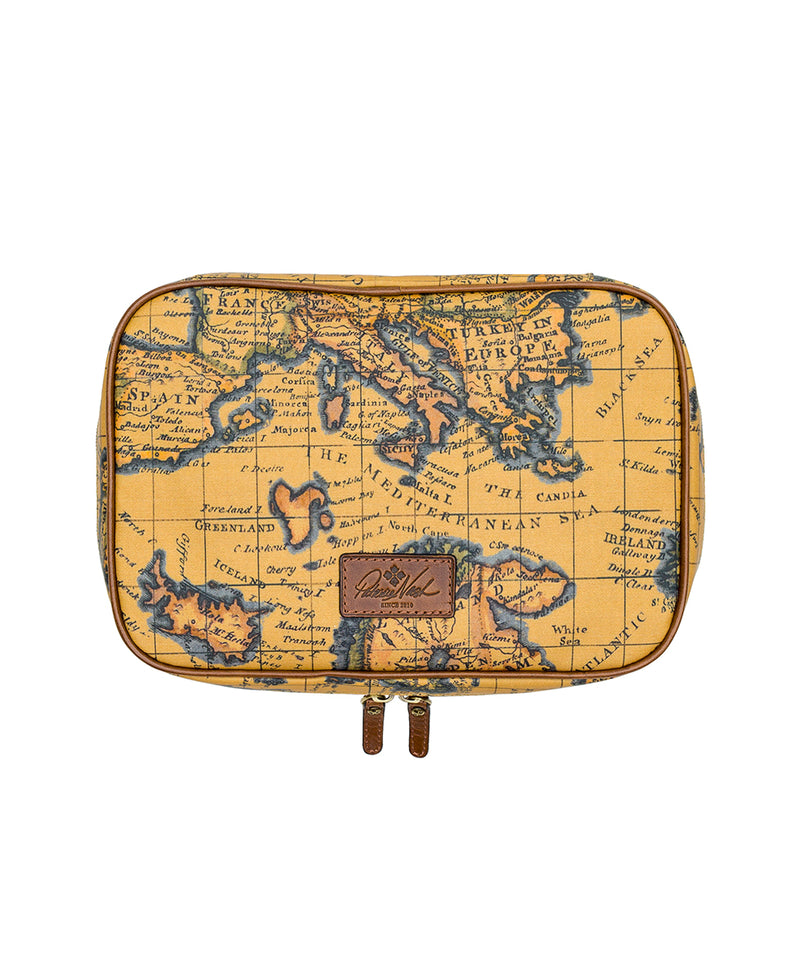 Ilaria Hanging Travel Case - Patina Coated Linen Canvas European Map Print