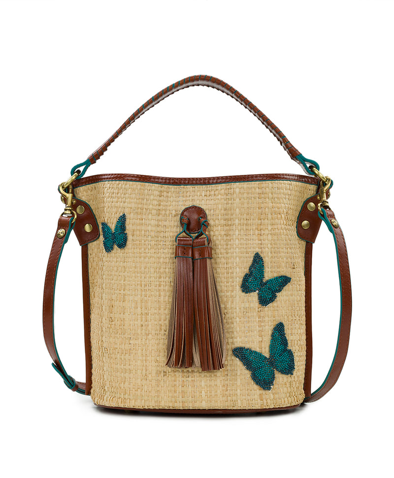Otavia Bucket Crossbody Bag- Beaded Butterfly Raffia