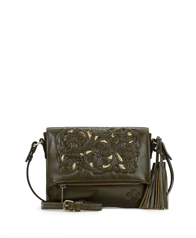 Corfu Crossbody - Vintage Vegetable Tanned Floret Cutout Tooled - Olive
