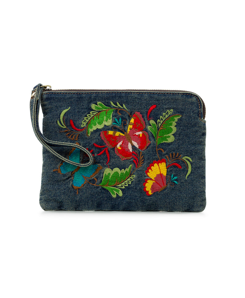 Rosley Wristlet - Denim Butterfly Embroidery